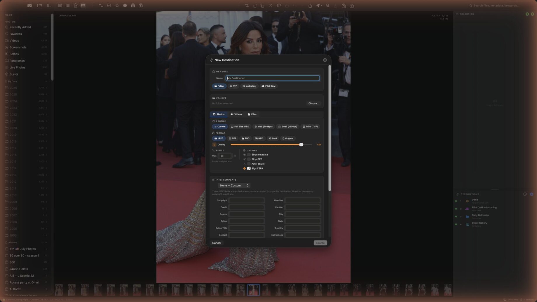 FotoTrafiX new destination sheet with export recipe options