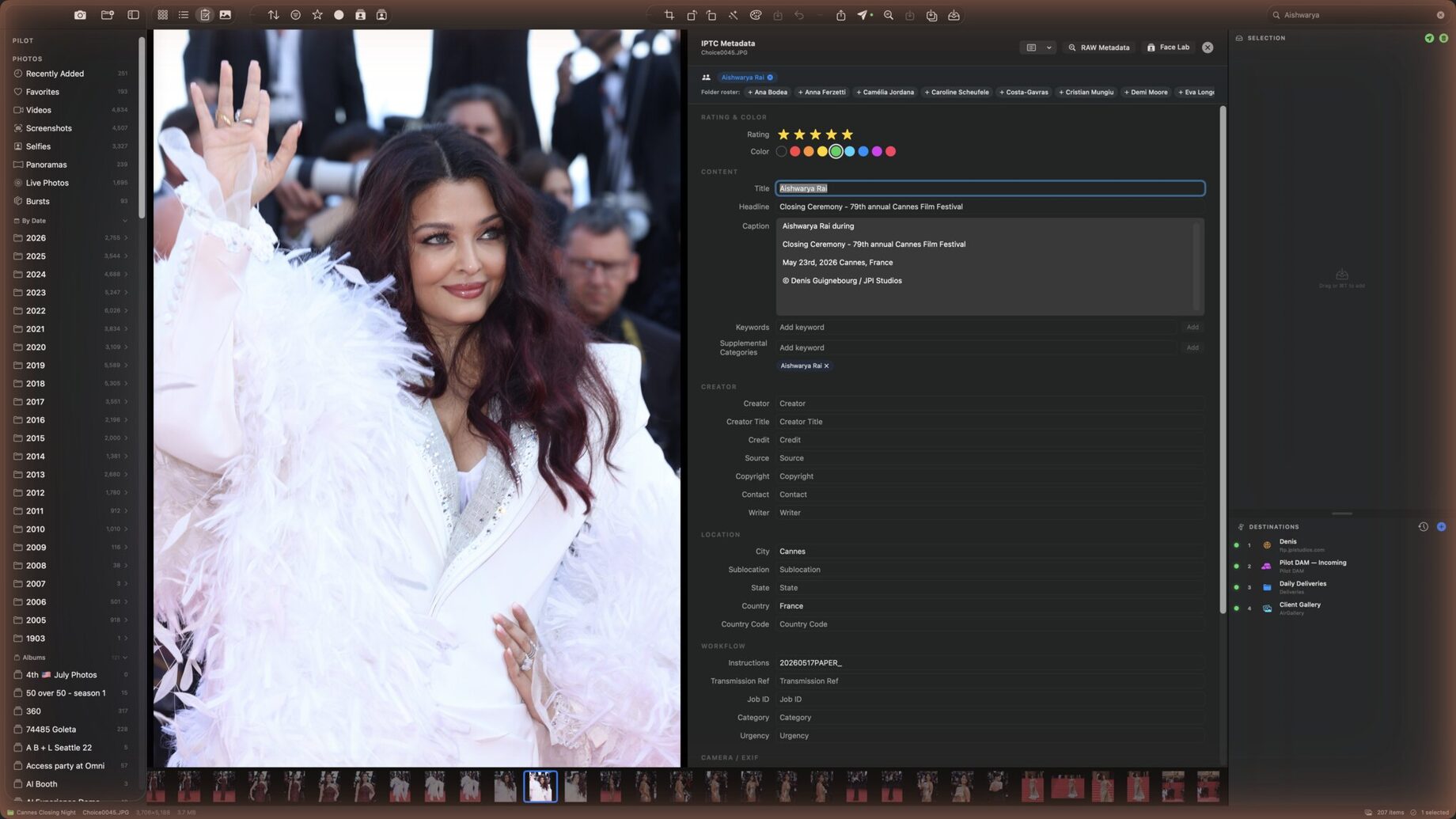 FotoTrafiX IPTC editor with five-star rating and color label set